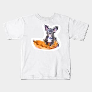 Cute Black And White Bulldog Puppy On A Orange Cusion Digital Portrait Kids T-Shirt